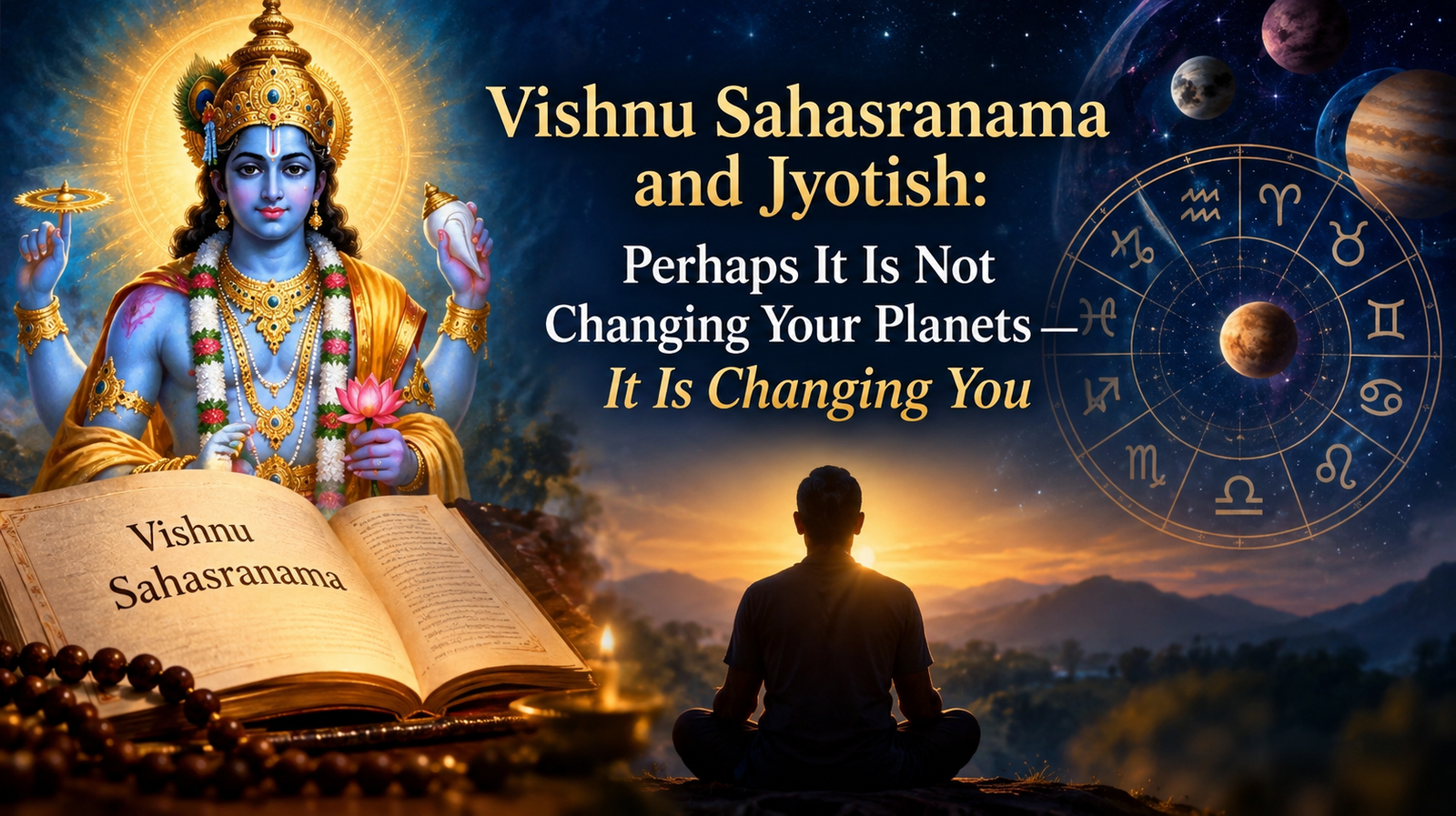 Vishnu Sahasranama scripture and Jyotish birth chart symbolising inner transformation